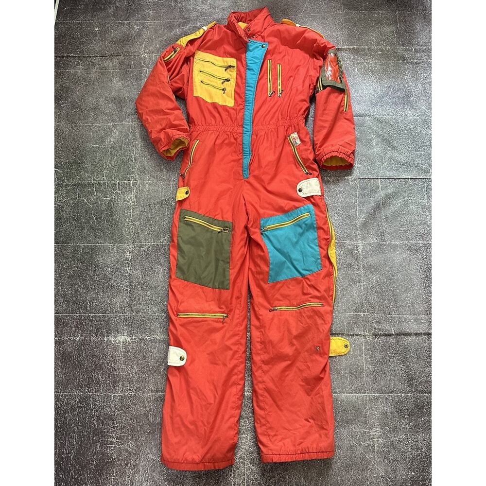 Women's Vintage 70's 5th Avenue Italy Red Patchwork Color Block Ski Suit Sz L
